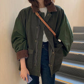 Vintage Patchwork Turn-down Collar Corduroy Jacket Autumn Loose Hip Green  Jacket Women Streetwear Casual Outerwear Female Top